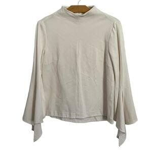 Tibi Mock Neck Flutter Tie Sleeve Blouse Ponte Top White Office Work Formal S